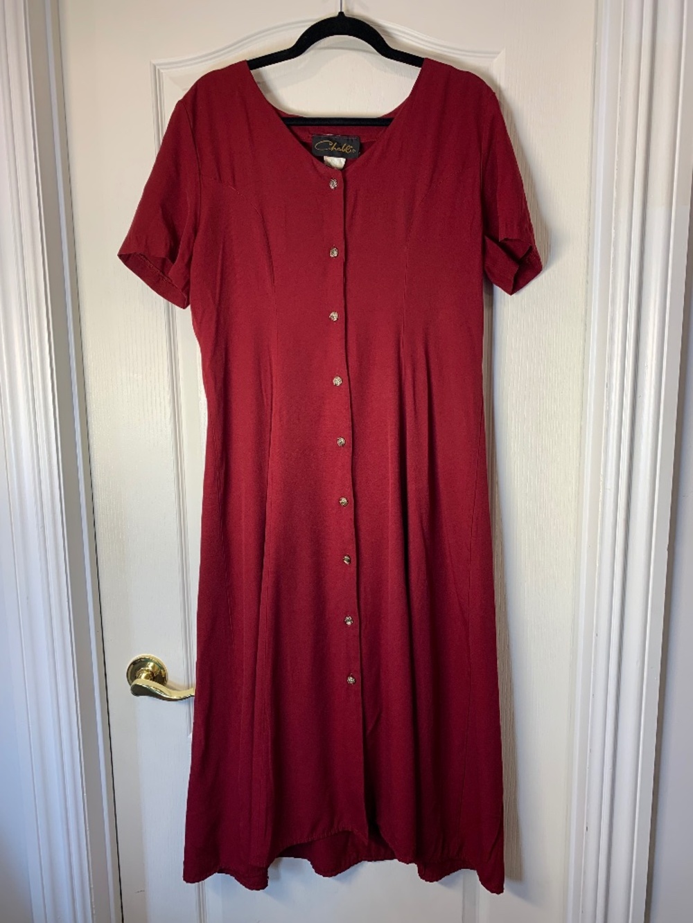 Vintage Chablis Burgundy Lace Up Back Maxi Dress Gold Buttons 80's Size 13-14